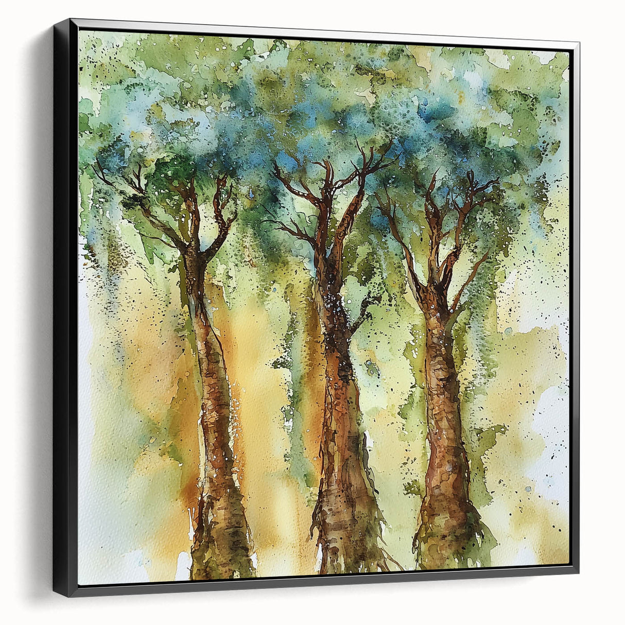 Framed canvas artwork showcasing an abstract floral design with vibrant colors, presented in a sleek black frame, ideal for modern home decor.