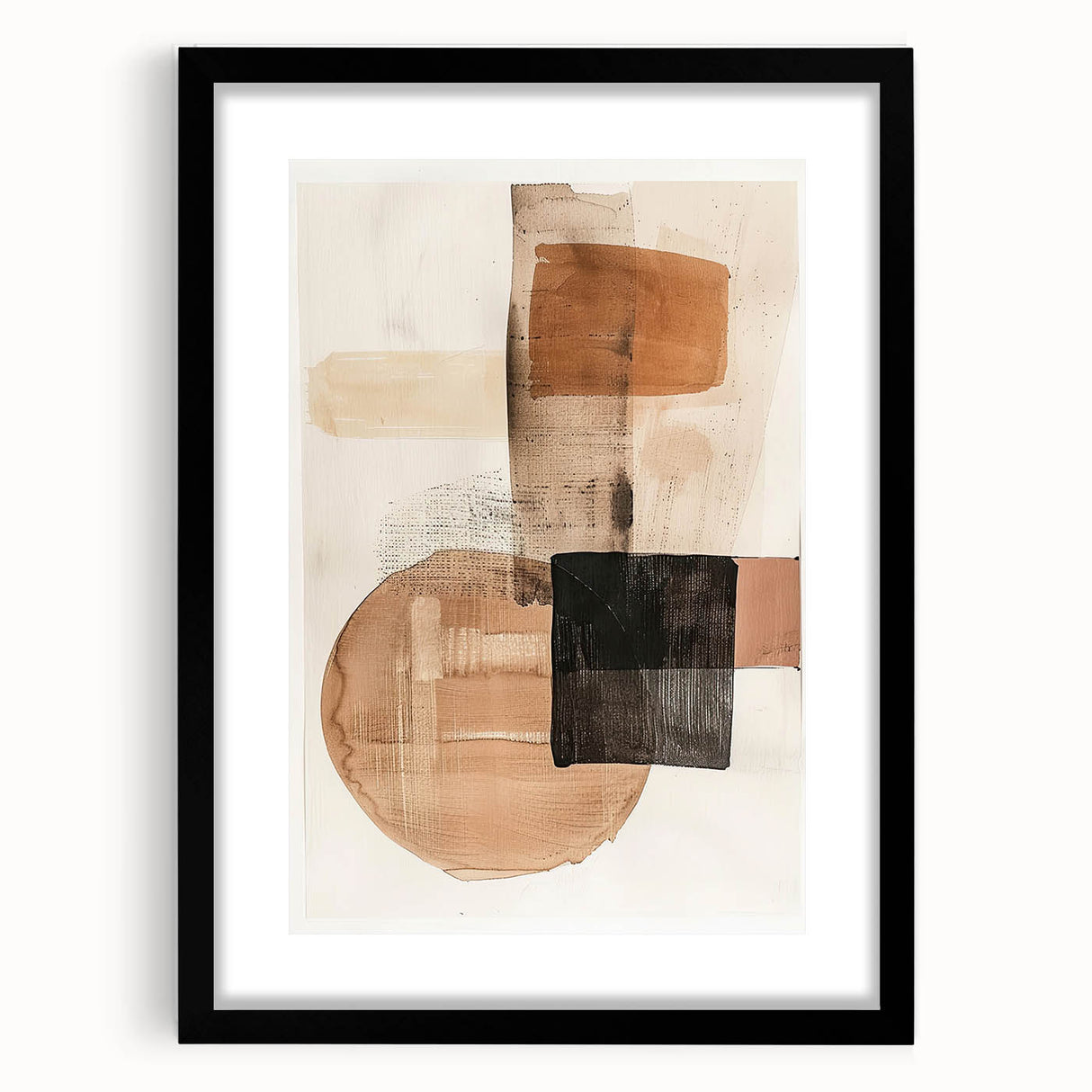 Abstract minimalist wall art design in a black frame with a white mat, showcasing geometric patterns and soft color tones, perfect for modern home decor.