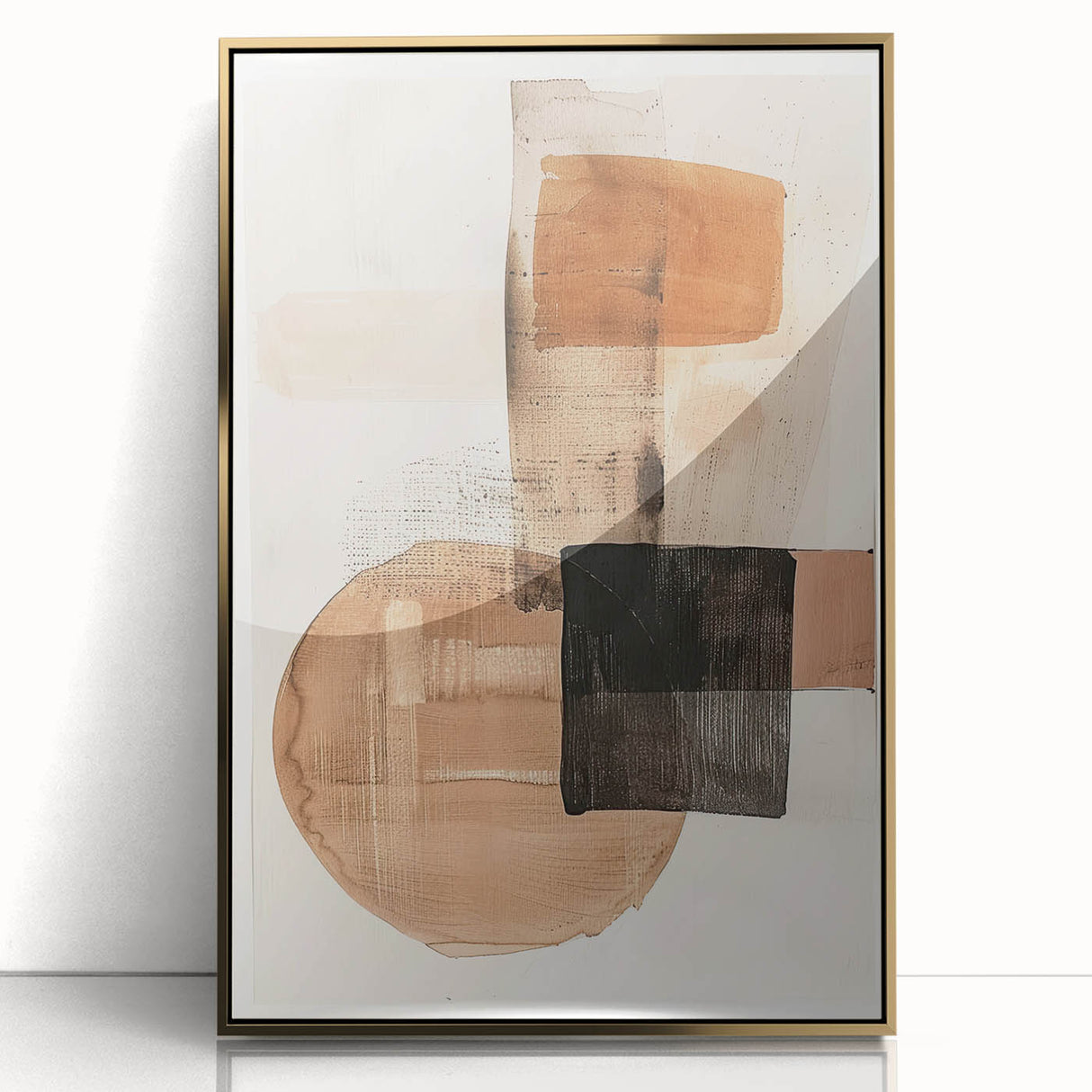 Framed acrylic wall art featuring an abstract minimalist design in gold tones, showcasing elegant lines and shapes, perfect for modern home decor.