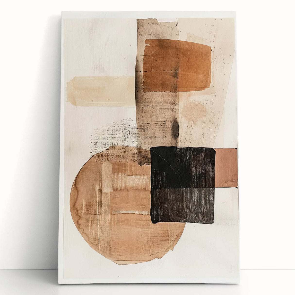 Abstract minimalist wall art on stretched canvas, featuring soft pastel colors and geometric shapes, elegantly leaning against a neutral wall, ideal for modern decor.