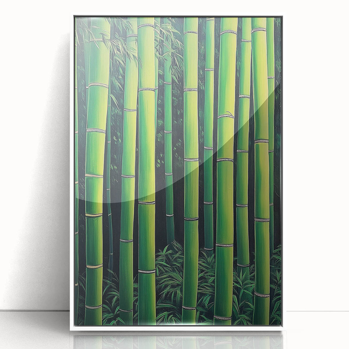 Framed acrylic artwork showcasing an abstract floral design with vibrant colors and intricate details, set against a sleek white background for modern decor.