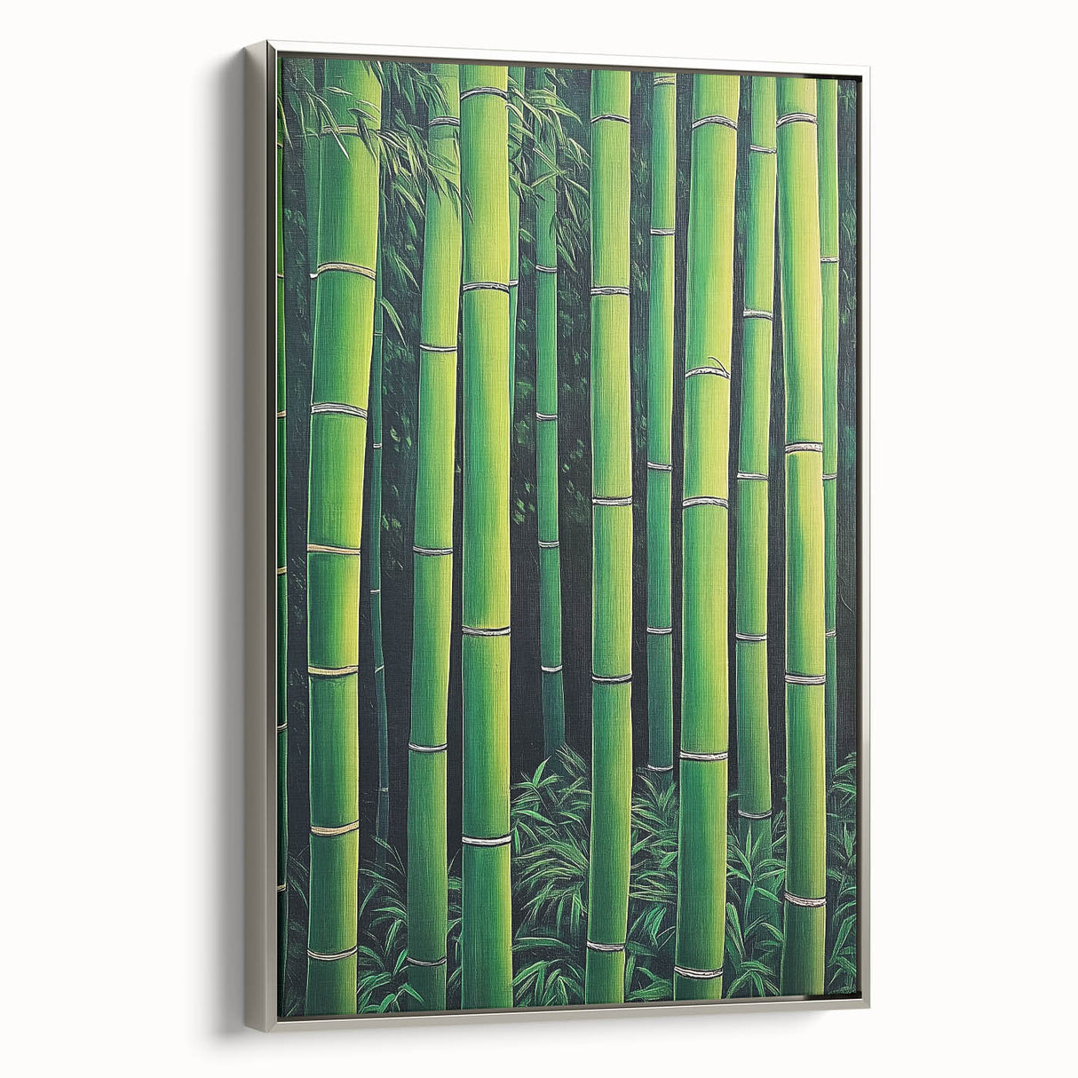 Framed canvas artwork showcasing an abstract floral design in vibrant colors, set against a sleek silver frame, enhancing modern home decor aesthetics.