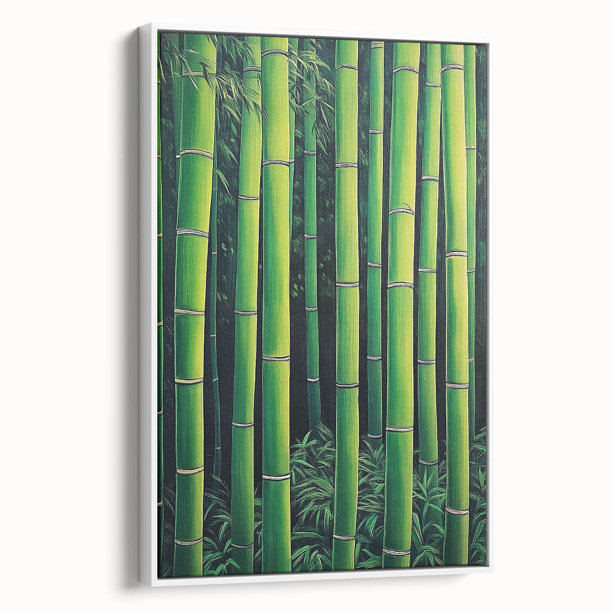 Framed canvas artwork featuring vibrant abstract floral designs in a white frame, showcasing colorful petals and leaves, perfect for modern home decor.