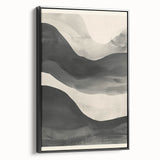 Framed minimalist wall art showcasing an abstract design in black tones, side view highlighting the sleek frame and clean lines, perfect for modern decor.