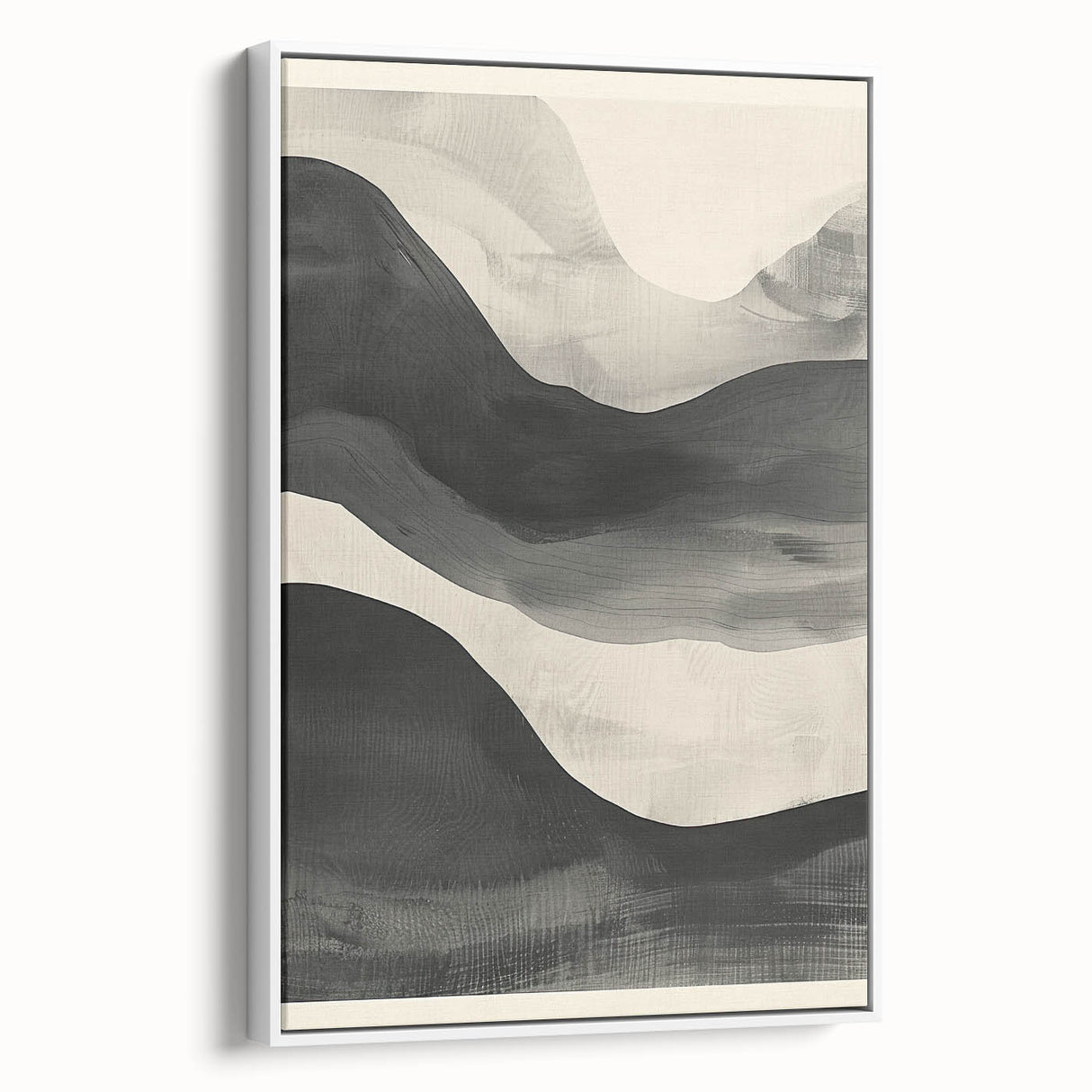 Framed minimalist wall art featuring an abstract design with soft white tones, showcasing a sleek side view perfect for modern decor settings.