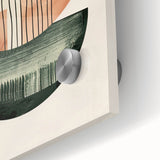 Close-up of an abstract minimalist wall art piece featuring vibrant colors and geometric shapes, printed on acrylic glass, showcasing modern design aesthetics.