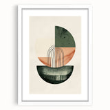 Abstract minimalist wall art framed in white, showcasing soft geometric shapes and muted colors, perfect for modern home decor or office spaces.