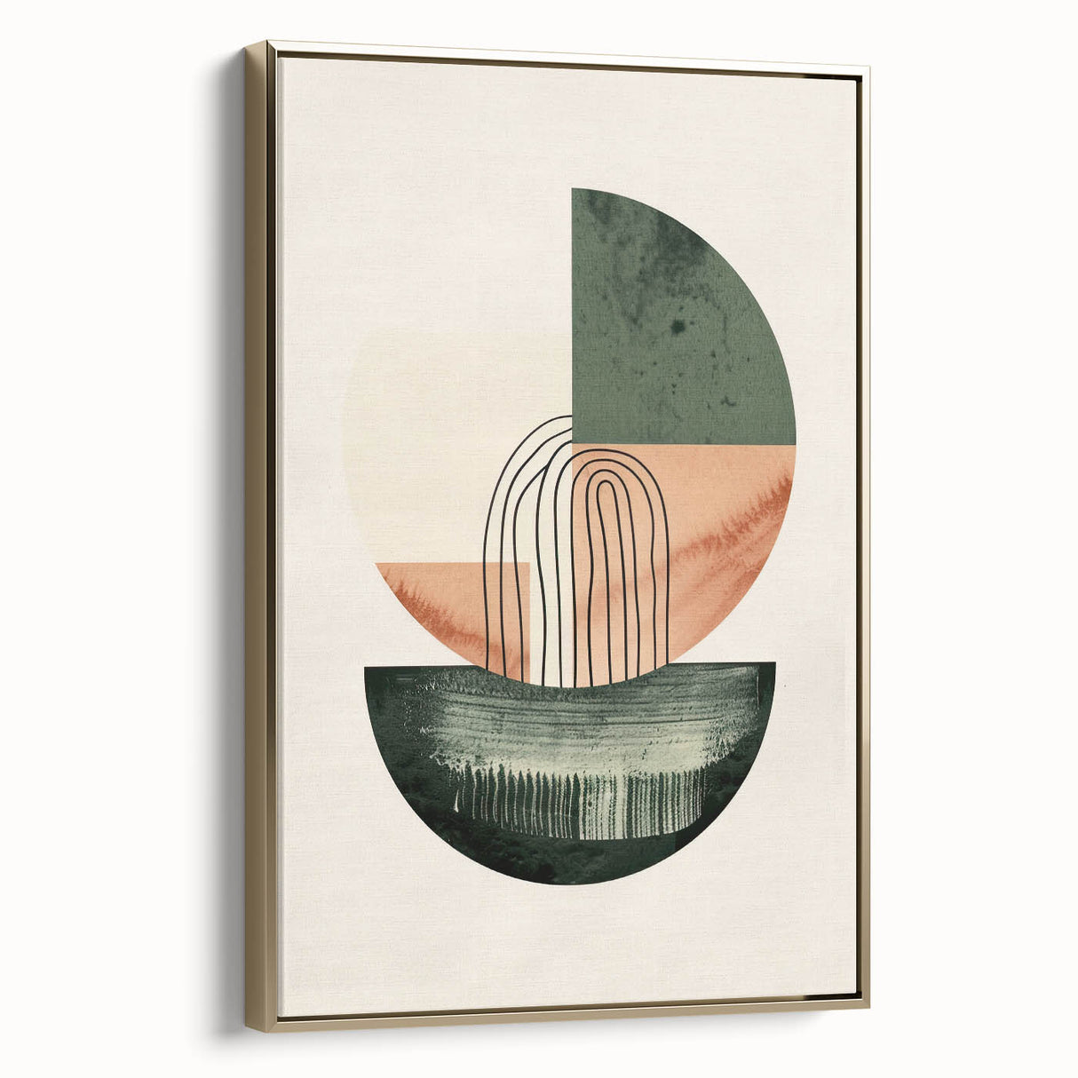 Framed abstract minimalist wall art featuring a gold design, showcased in a side view. Perfect for modern decor, adds elegance to any space.