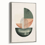 Abstract minimalist wall art on a silver-framed canvas, showcasing a modern design with soft color gradients and geometric shapes, perfect for contemporary decor.