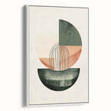 Framed minimalist abstract wall art displayed in a sleek white frame, showcasing a blend of soft pastels and geometric shapes, perfect for modern home decor.