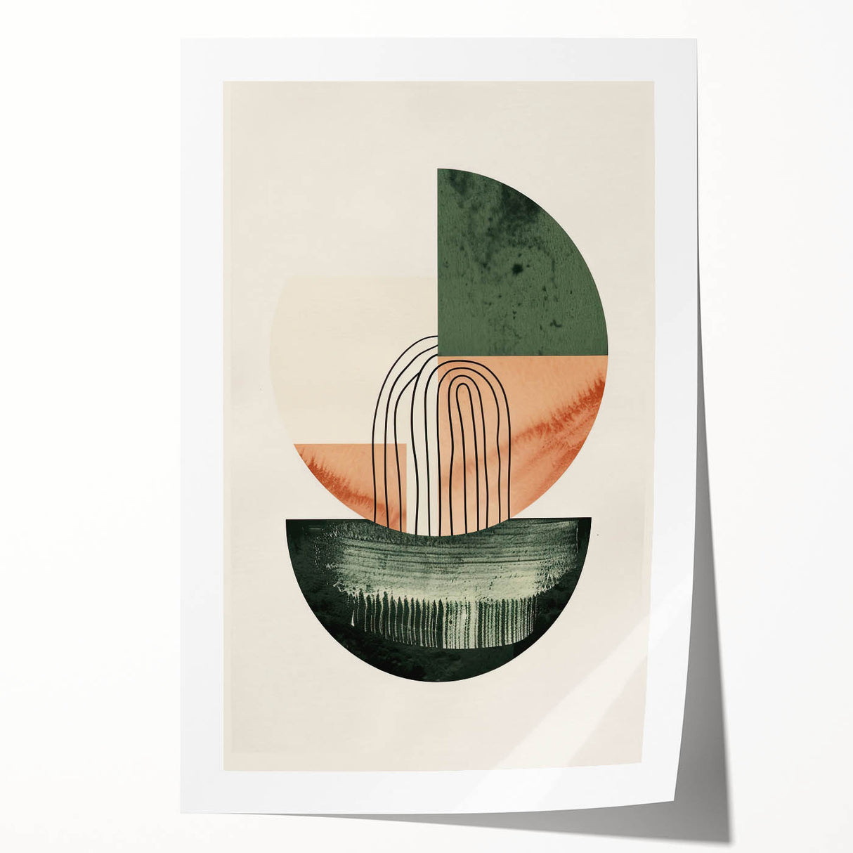 Abstract minimalist wall art print showcasing soft pastel colors and geometric shapes, rolled and packaged securely in a durable cardboard tube for easy transport.