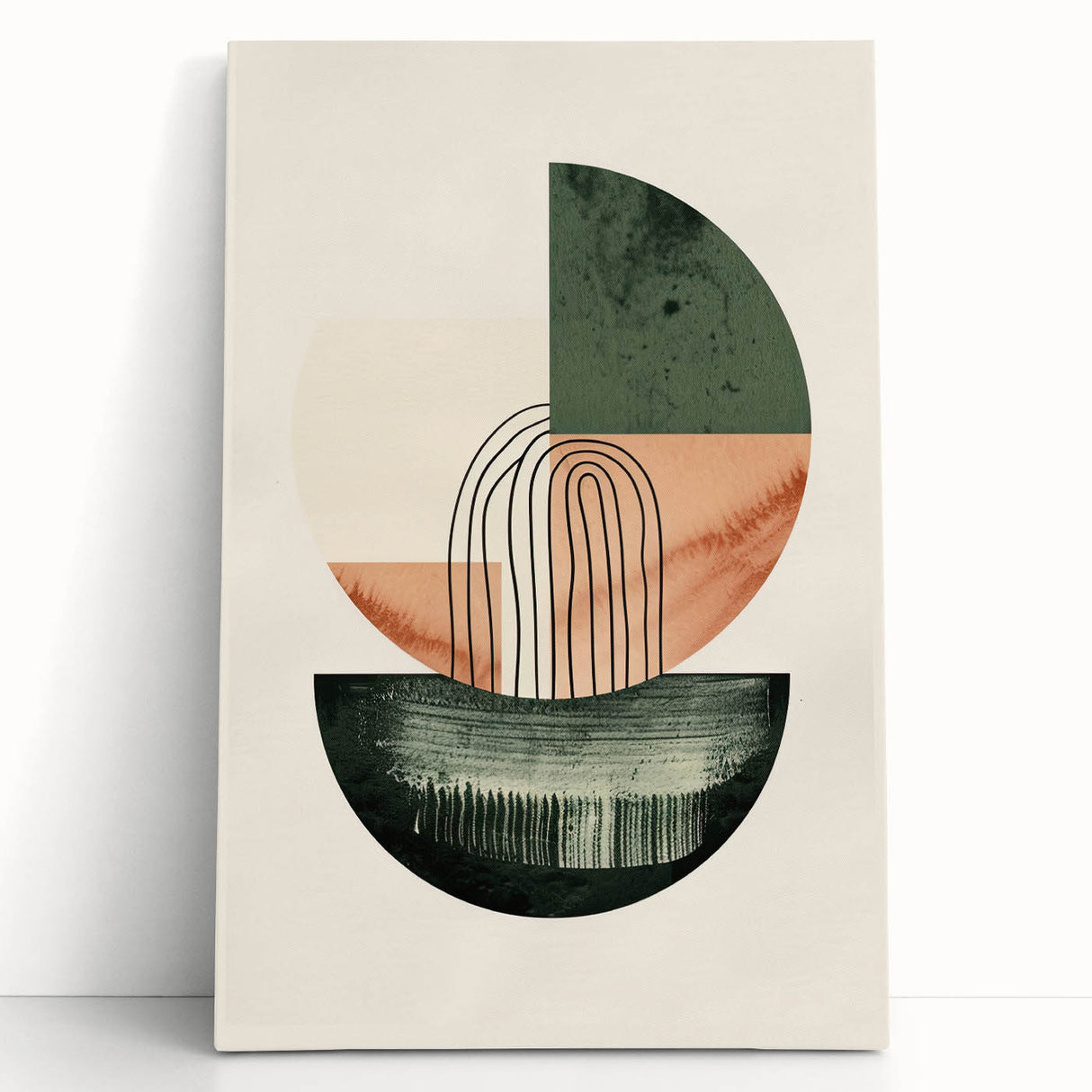 Abstract minimalist wall art featuring a muted color palette with soft geometric shapes on stretched canvas, leaning against a neutral wall for a modern decor aesthetic.
