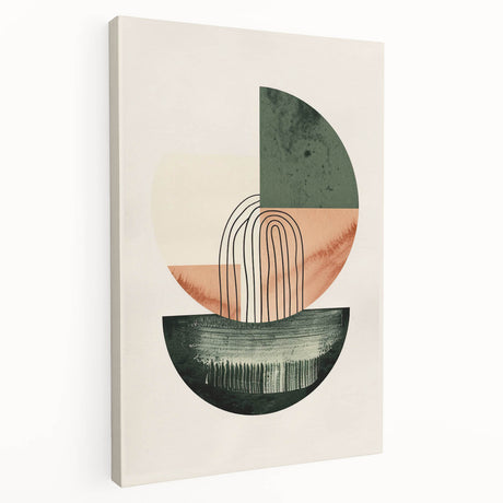 Abstract minimalist wall art on stretched canvas showcasing soft pastel colors and geometric shapes, presented in a side view to highlight its depth and texture. Perfect for modern home decor, adding a touch of elegance and contemporary style to any room.