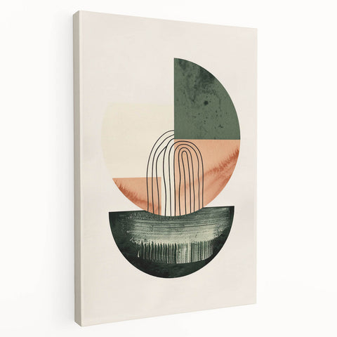 Abstract minimalist wall art on stretched canvas showcasing soft pastel colors and geometric shapes, presented in a side view to highlight its depth and texture. Perfect for modern home decor, adding a touch of elegance and contemporary style to any room.
