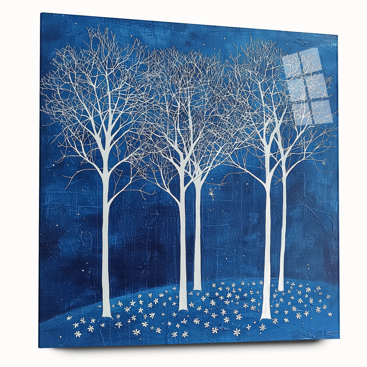 Abstract floral acrylic glass artwork showcasing vibrant colors and intricate designs, viewed from the side, emphasizing its modern aesthetic and sleek finish. Perfect for contemporary home decor.