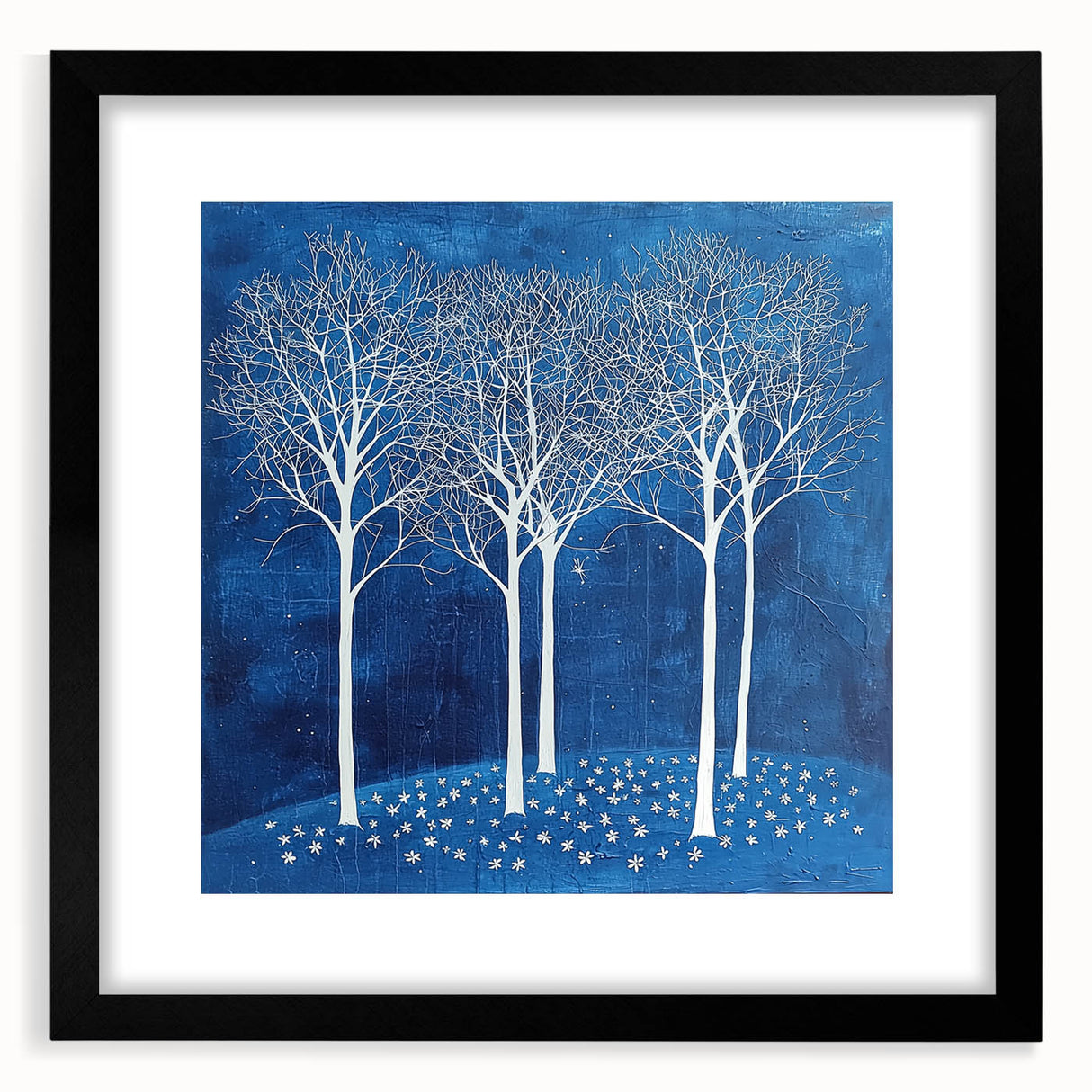 Abstract floral artwork displayed in a sleek black frame, featuring vibrant colors and intricate designs, perfect for enhancing modern home decor.