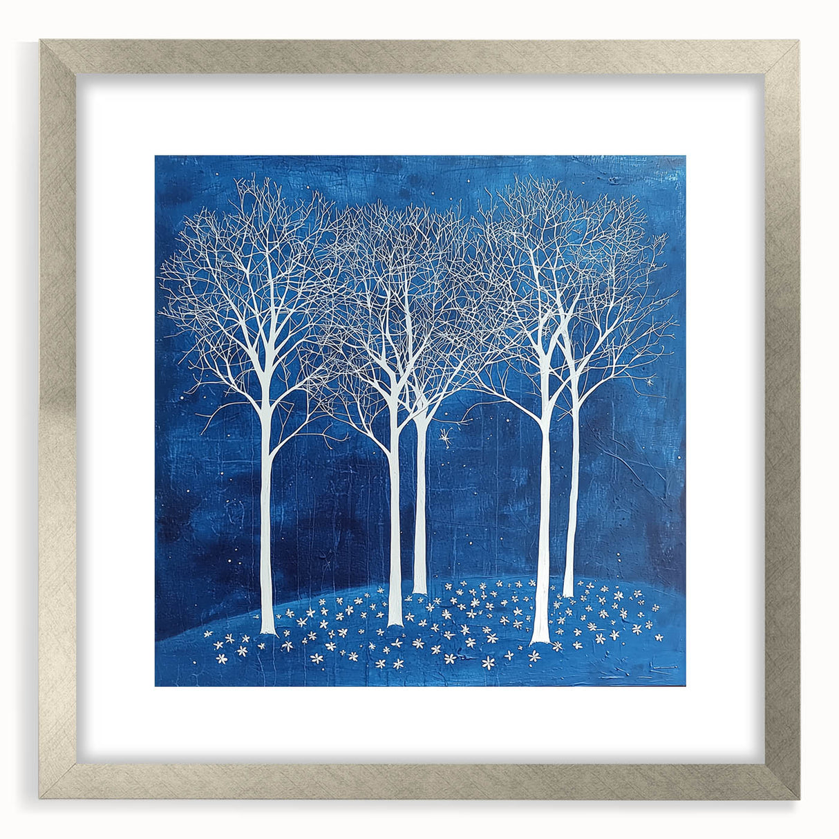 Abstract floral artwork framed in silver, showcasing vibrant colors and intricate details, perfect for modern home decor or gallery display.