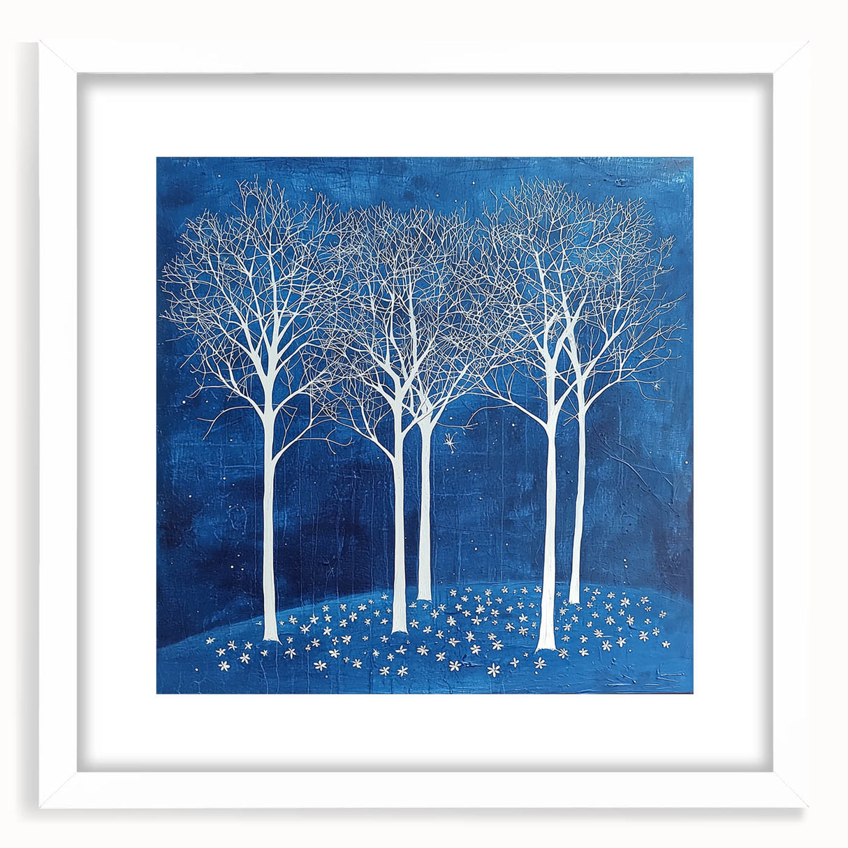 Abstract floral artwork framed with a white mat, showcasing vibrant colors and intricate details, perfect for modern home decor or art enthusiasts.