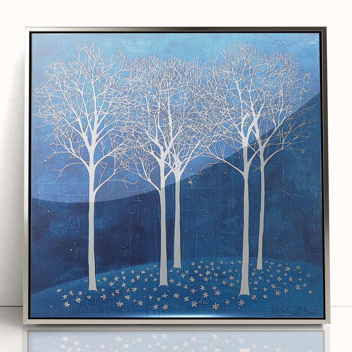 Framed acrylic artwork showcasing abstract floral designs in vibrant colors, elegantly displayed with a sleek silver frame, perfect for modern decor accents.