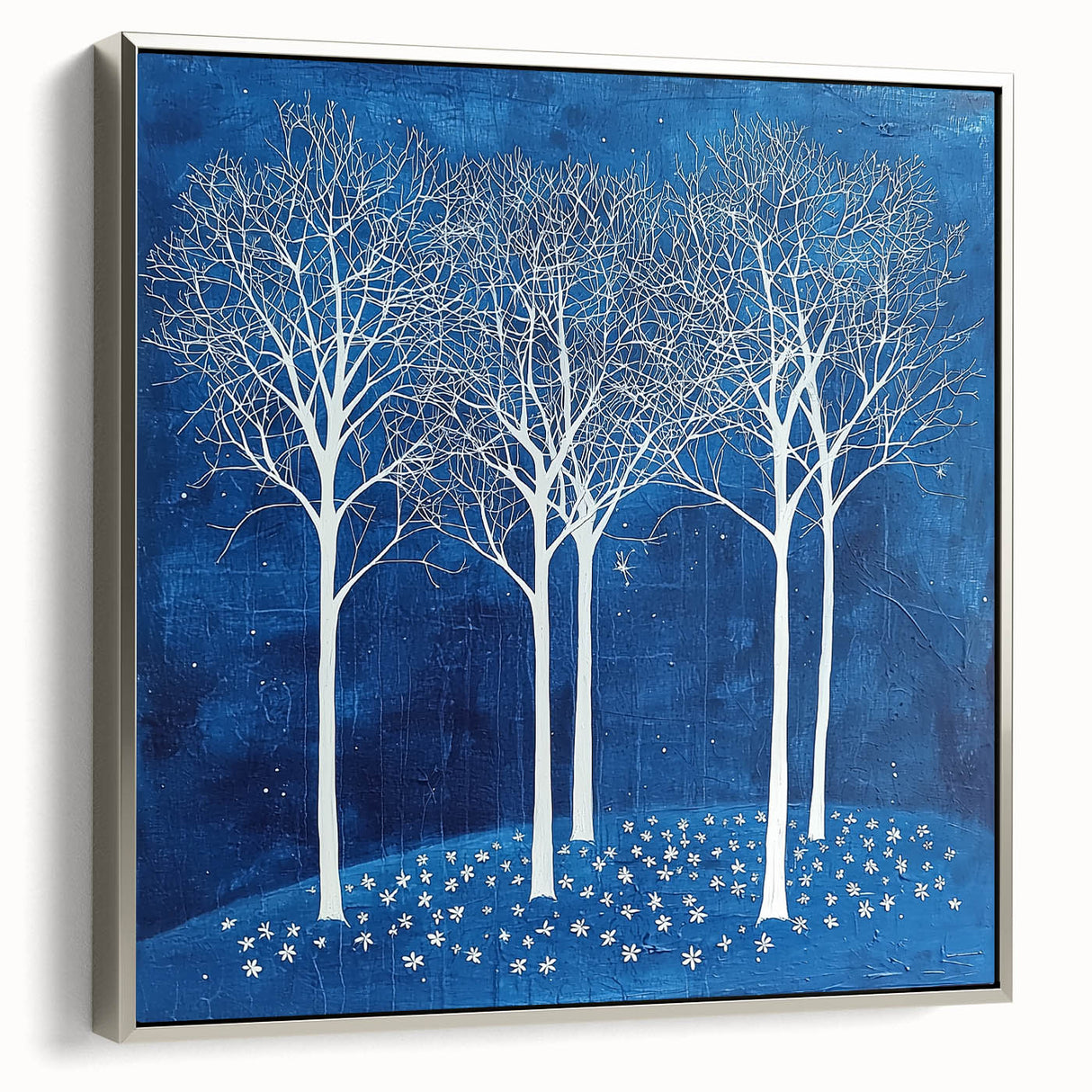 Framed canvas art showcasing abstract floral patterns in vibrant colors, elegantly displayed with a silver frame, perfect for modern home decor.