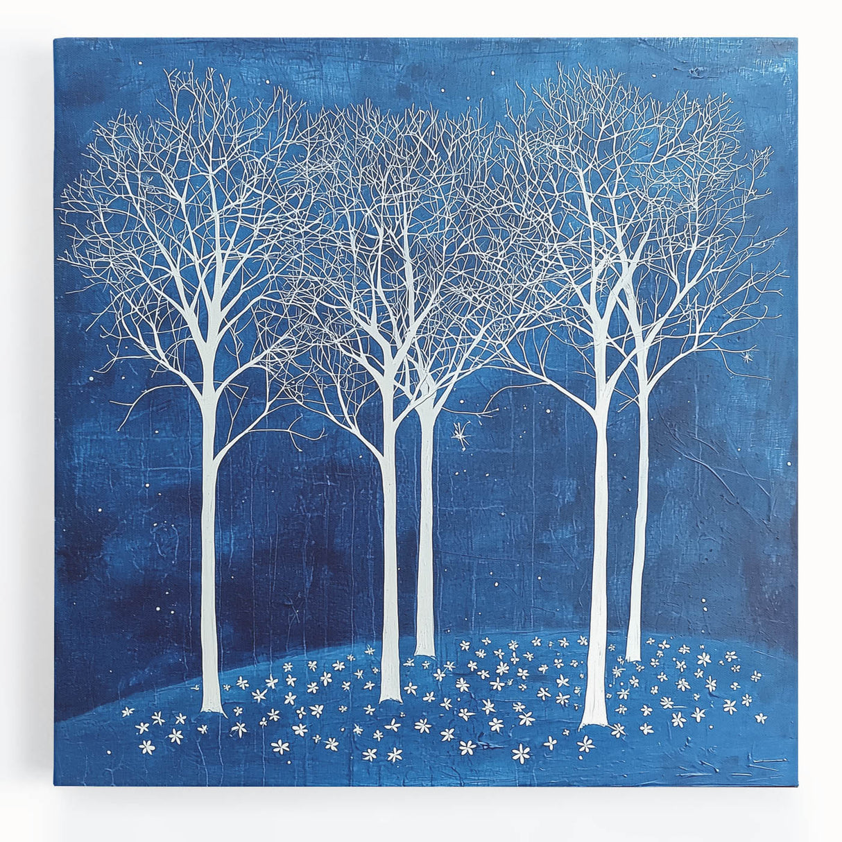 Vibrant stretched canvas artwork showcasing an abstract floral design in shades of blue, pink, and green. Perfect for modern home decor, enhancing any space with a touch of nature-inspired elegance.