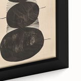 Close-up of abstract minimalist wall art in a sleek black frame, showcasing soft beige and gray tones with textured brush strokes, perfect for modern decor.