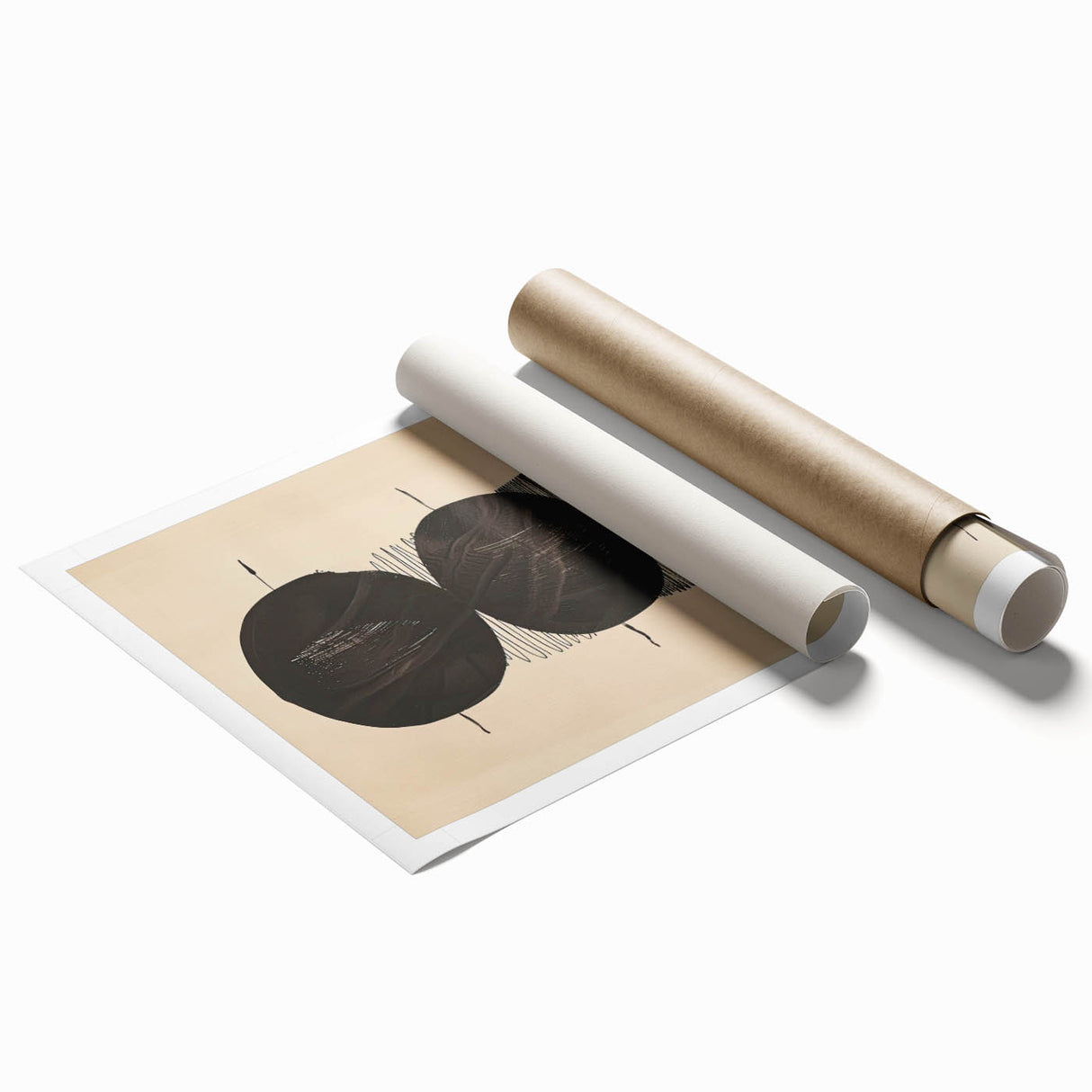 Abstract minimalist wall art print featuring soft pastel colors and geometric shapes, rolled and securely packaged in a protective cardboard tube for delivery.