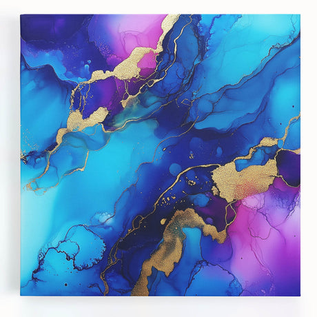 Vibrant Abstract Wall Art – Blue, Violet & Gold Fluid Canvas Print
