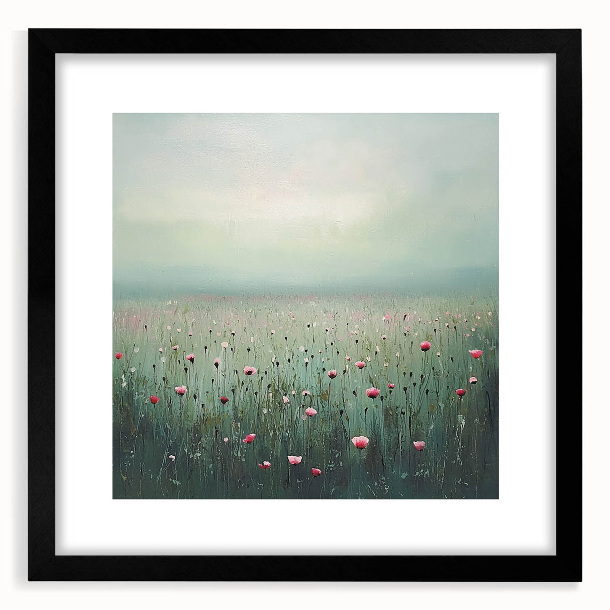 Abstract floral design framed in black with a mat, showcasing vibrant hues and intricate patterns, perfect for enhancing modern home decor aesthetics.