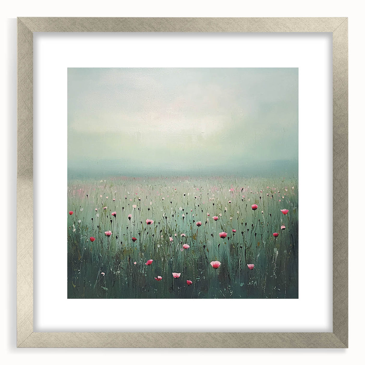 Abstract floral art frame with a silver mat, featuring intricate designs and vibrant colors, perfect for modern home decor and art enthusiasts.