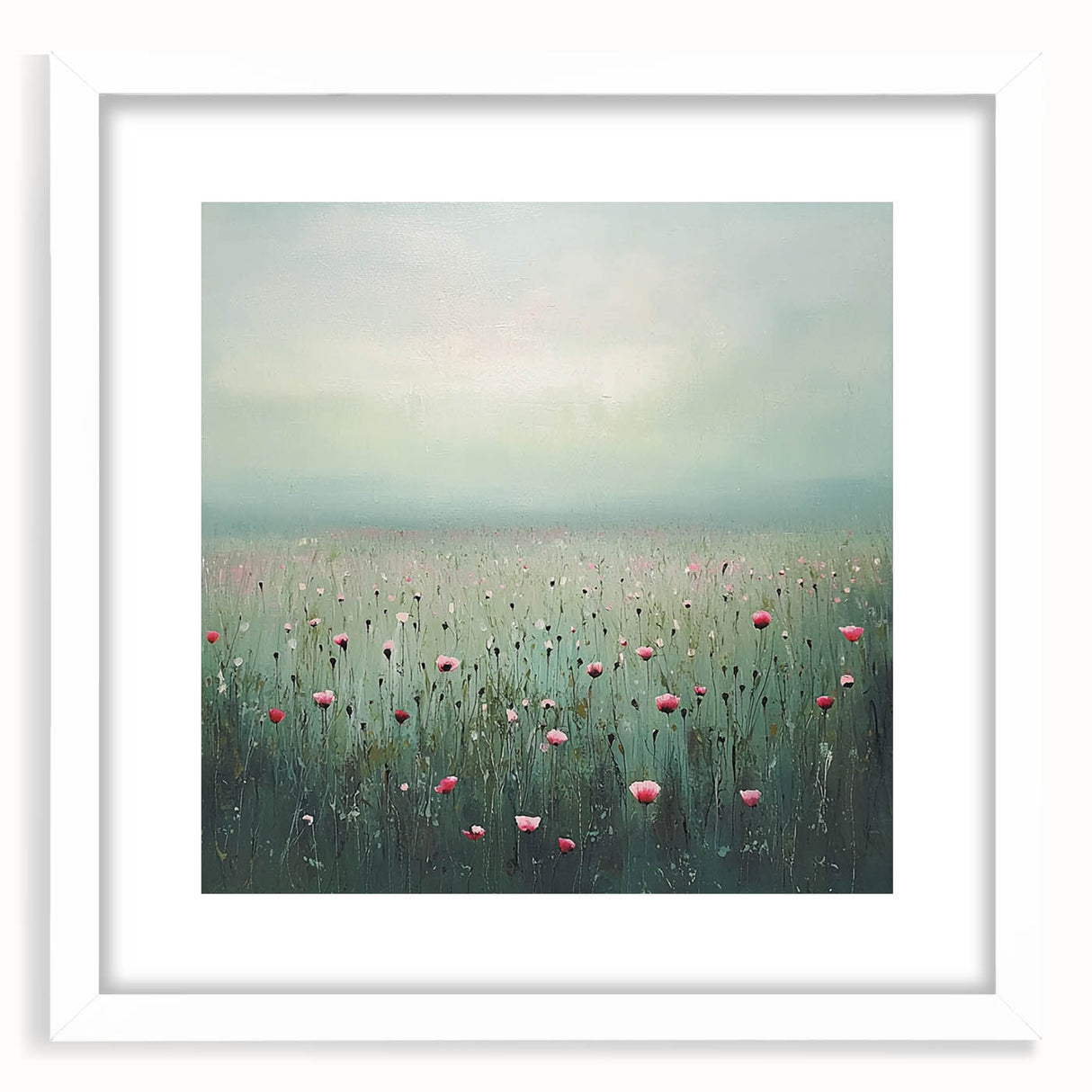 Abstract floral frame design with a white mat, showcasing vibrant, colorful flowers and intricate details, perfect for home decor or art displays.