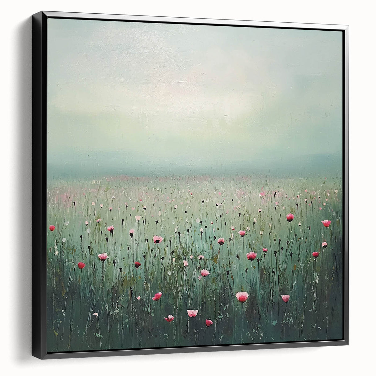 Framed canvas artwork featuring an abstract floral design with vibrant colors, set against a black background, showcasing a modern and elegant side view for home decor.