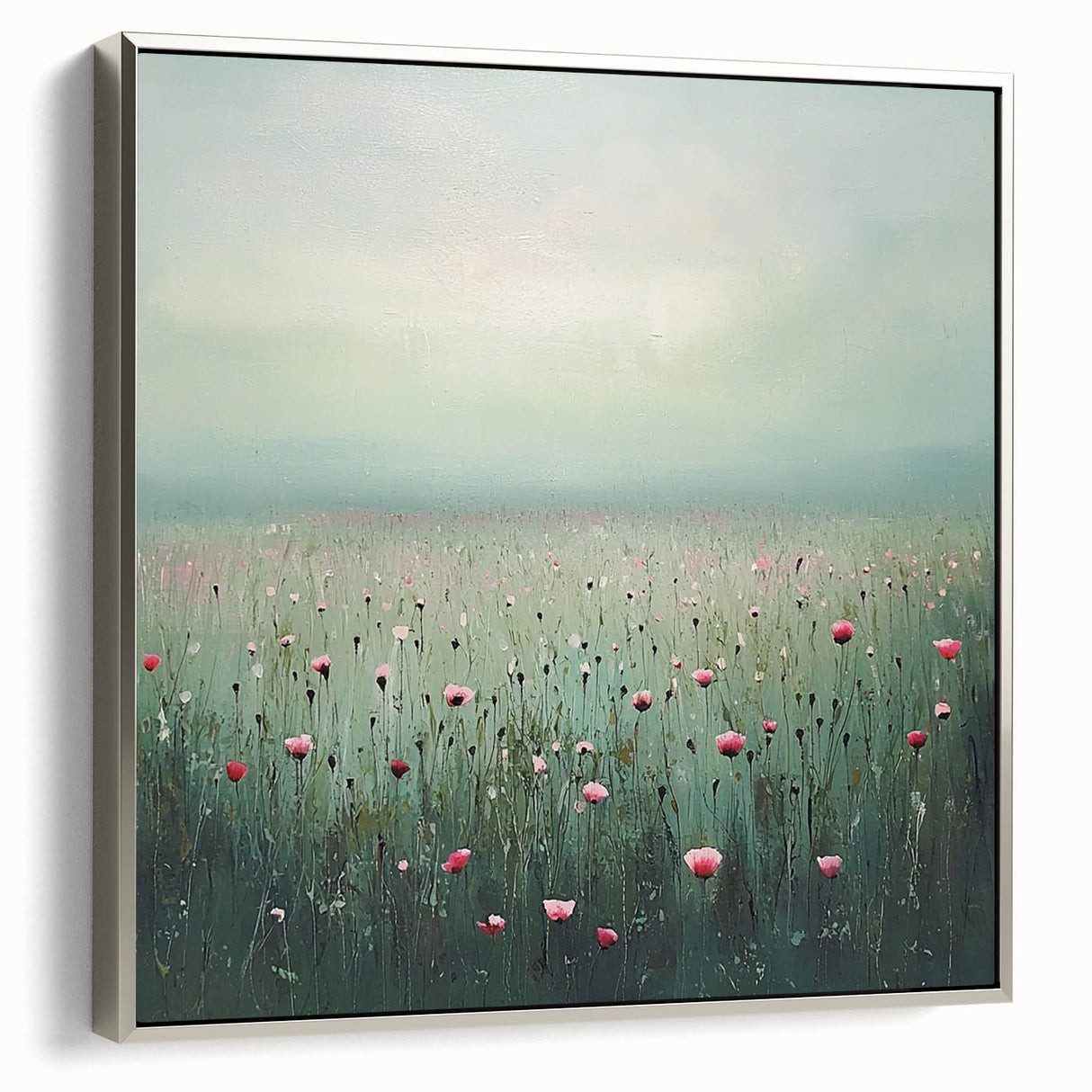 Framed canvas artwork featuring abstract floral design with vibrant colors and a silver frame, showcasing intricate details and elegant aesthetics, perfect for home decor.