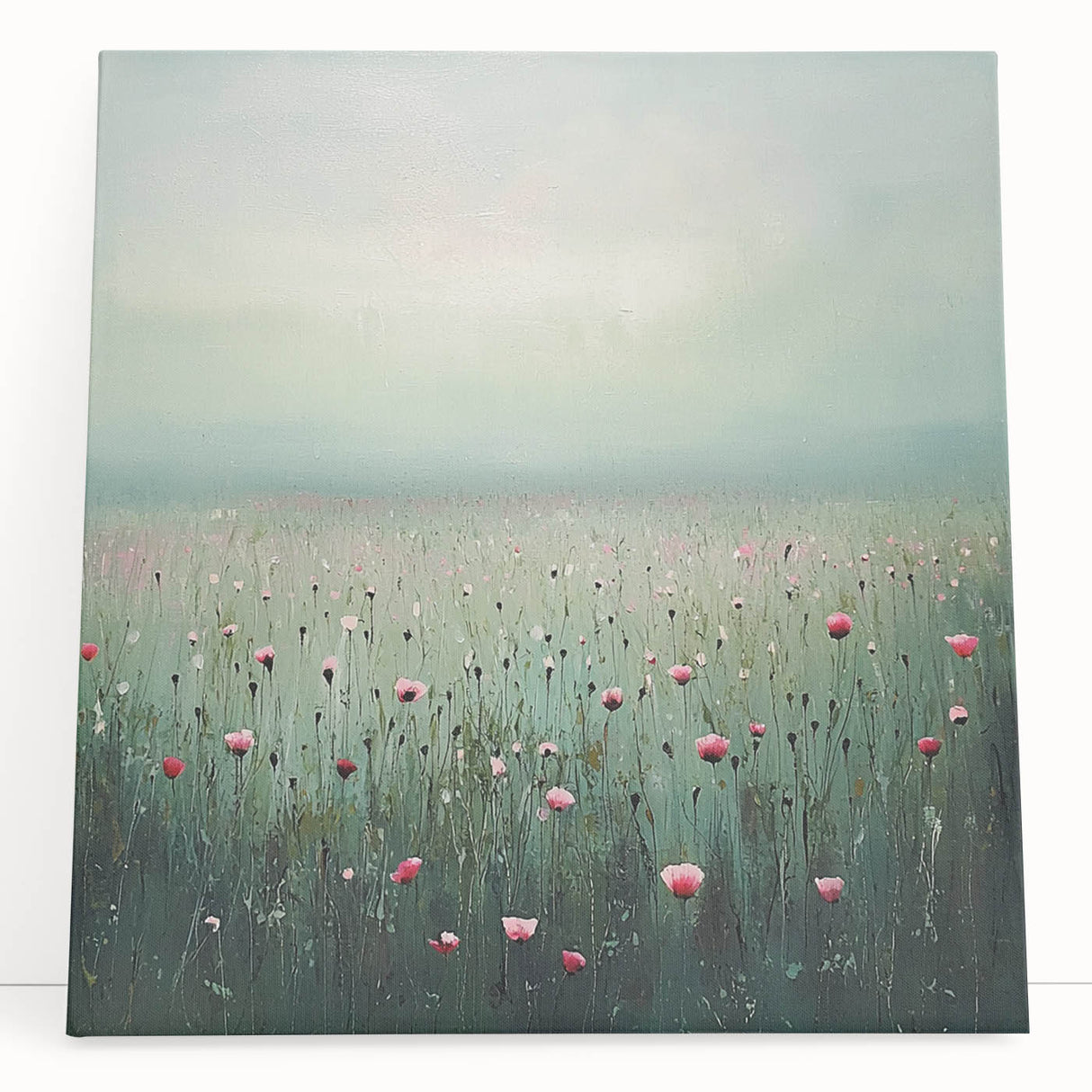 Colorful abstract floral canvas art with vibrant hues of pink, blue, and gold, elegantly leaning against a white wall, adding a modern touch to home decor.