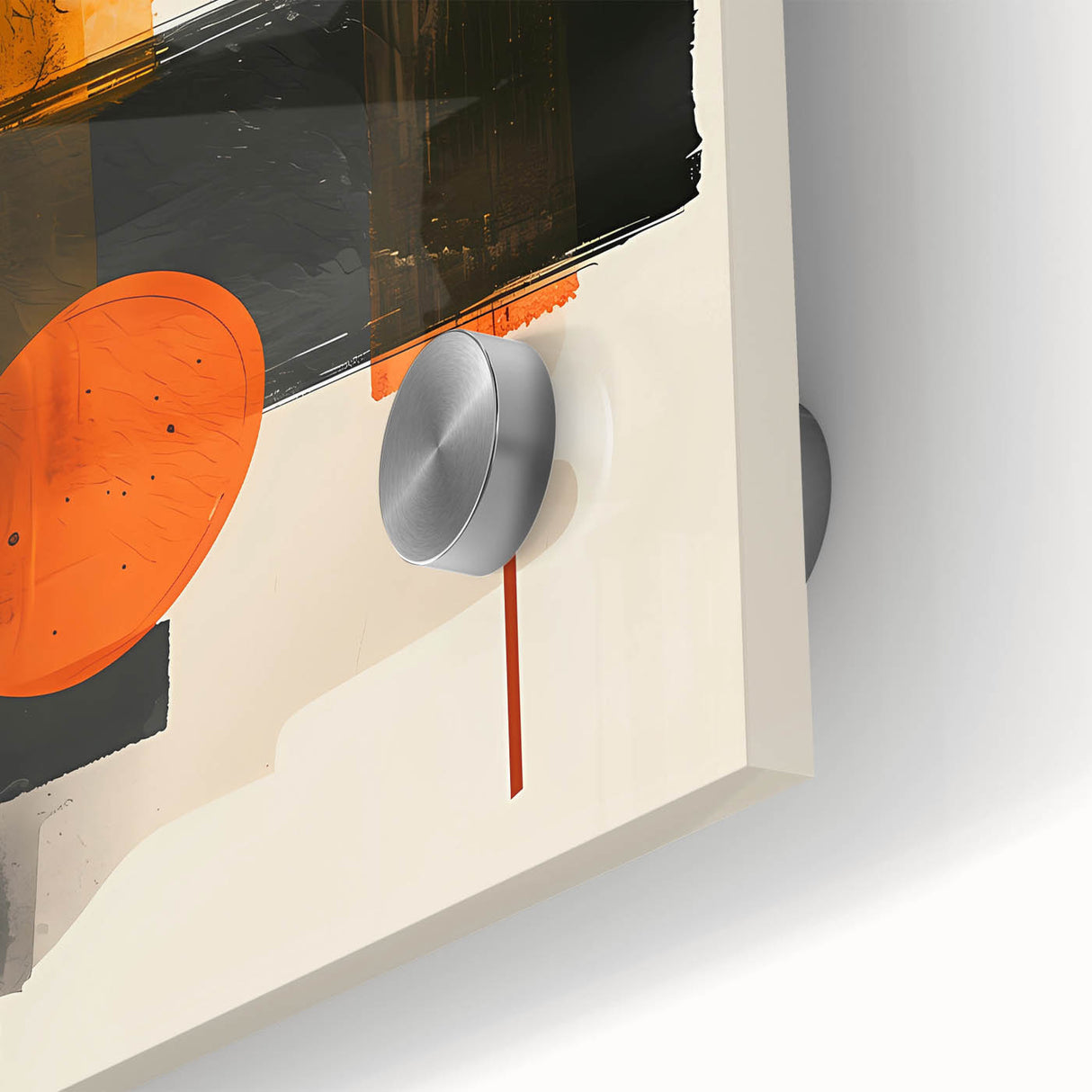 Close-up of abstract minimalist wall art featuring vibrant colors and fluid shapes on acrylic glass, perfect for modern home decor and artistic expression.