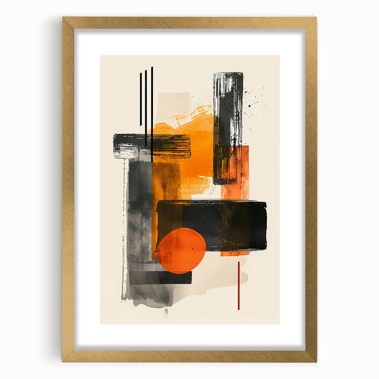 Abstract minimalist wall art framed in gold with a white mat, showcasing geometric shapes and soft color gradients, perfect for modern home decor.