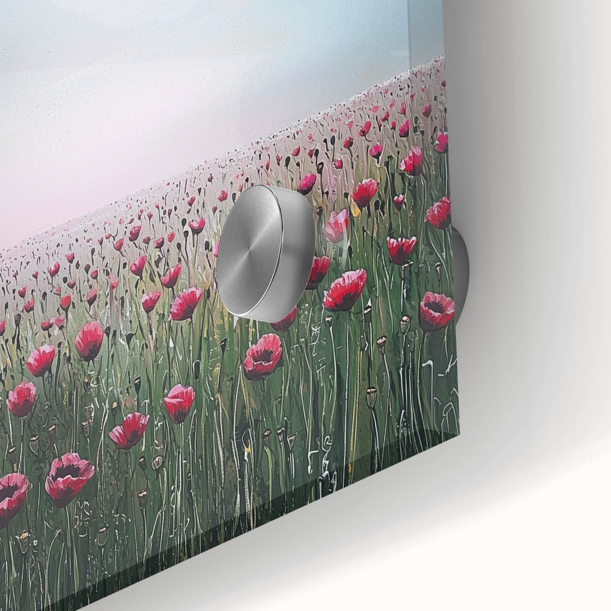 Vibrant close-up of an abstract floral acrylic glass artwork, showcasing intricate details with a blend of colors including soft pinks, greens, and blues, perfect for modern home decor.