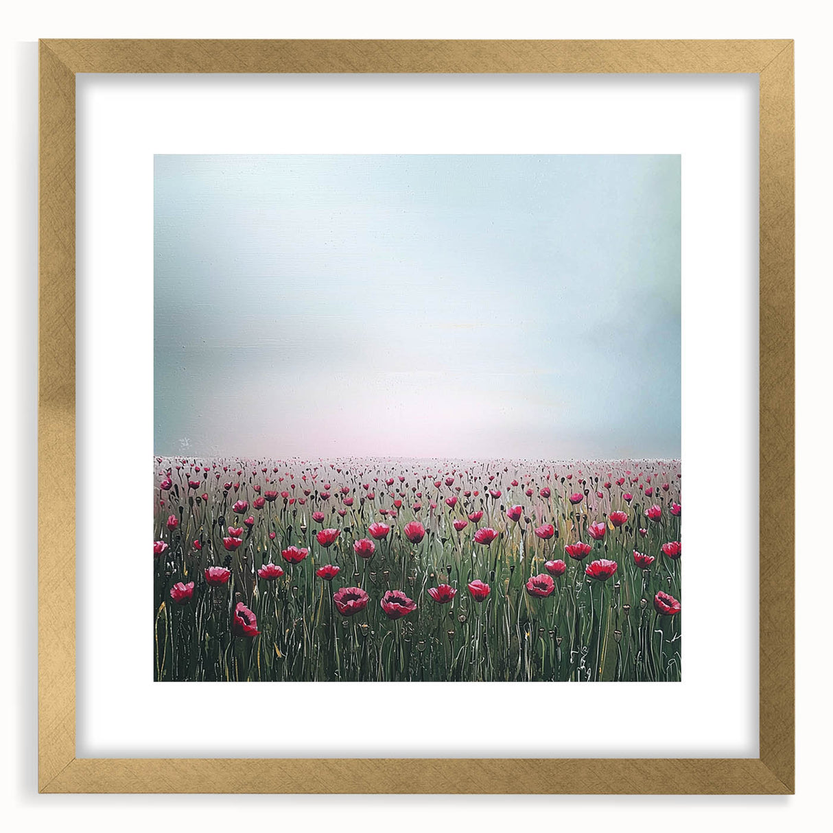Abstract floral artwork framed in gold with a mat, showcasing vibrant colors and intricate patterns, perfect for modern home decor or gallery displays.