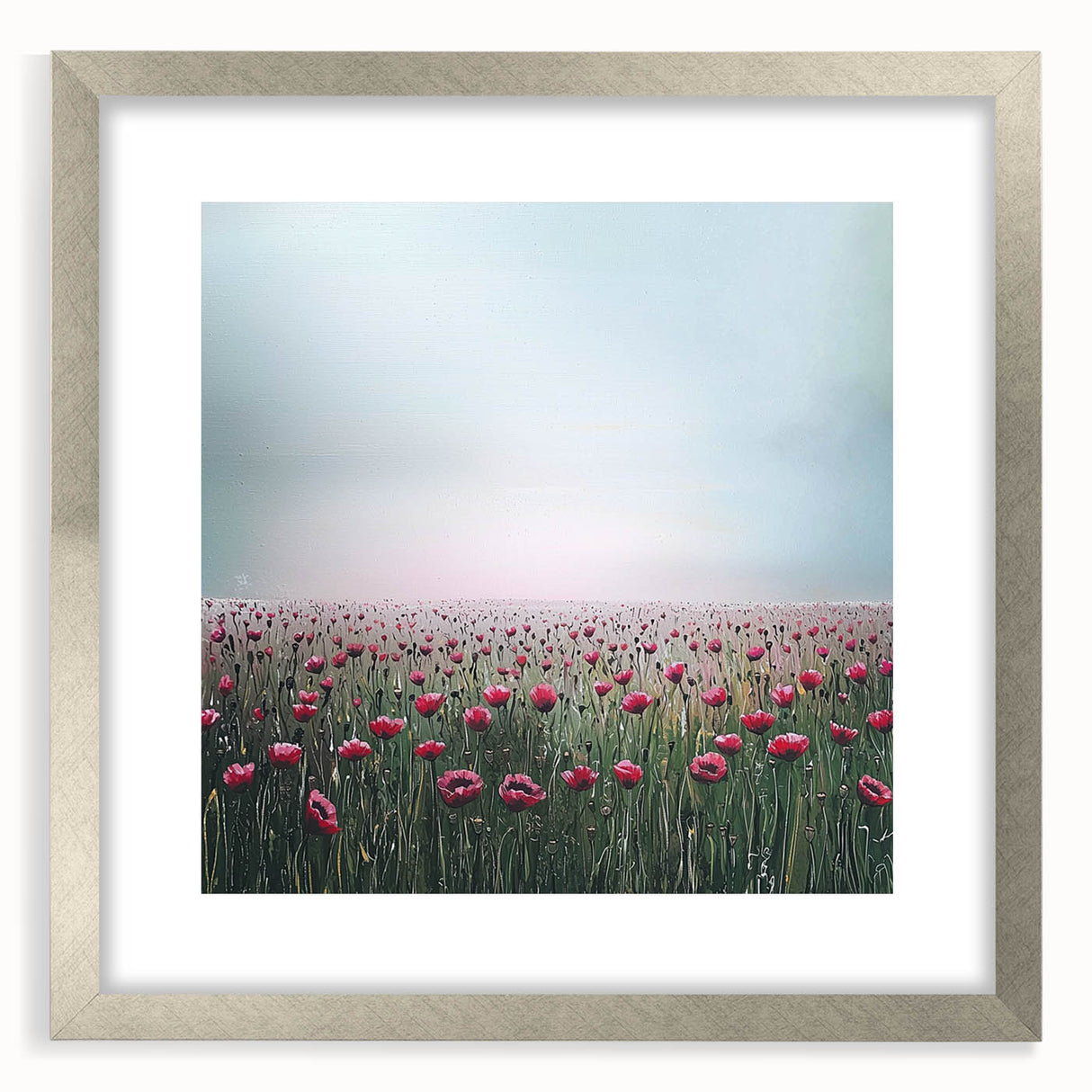 Abstract floral art print framed in silver with a mat, showcasing vibrant colors and intricate designs, perfect for modern home decor or gallery walls.