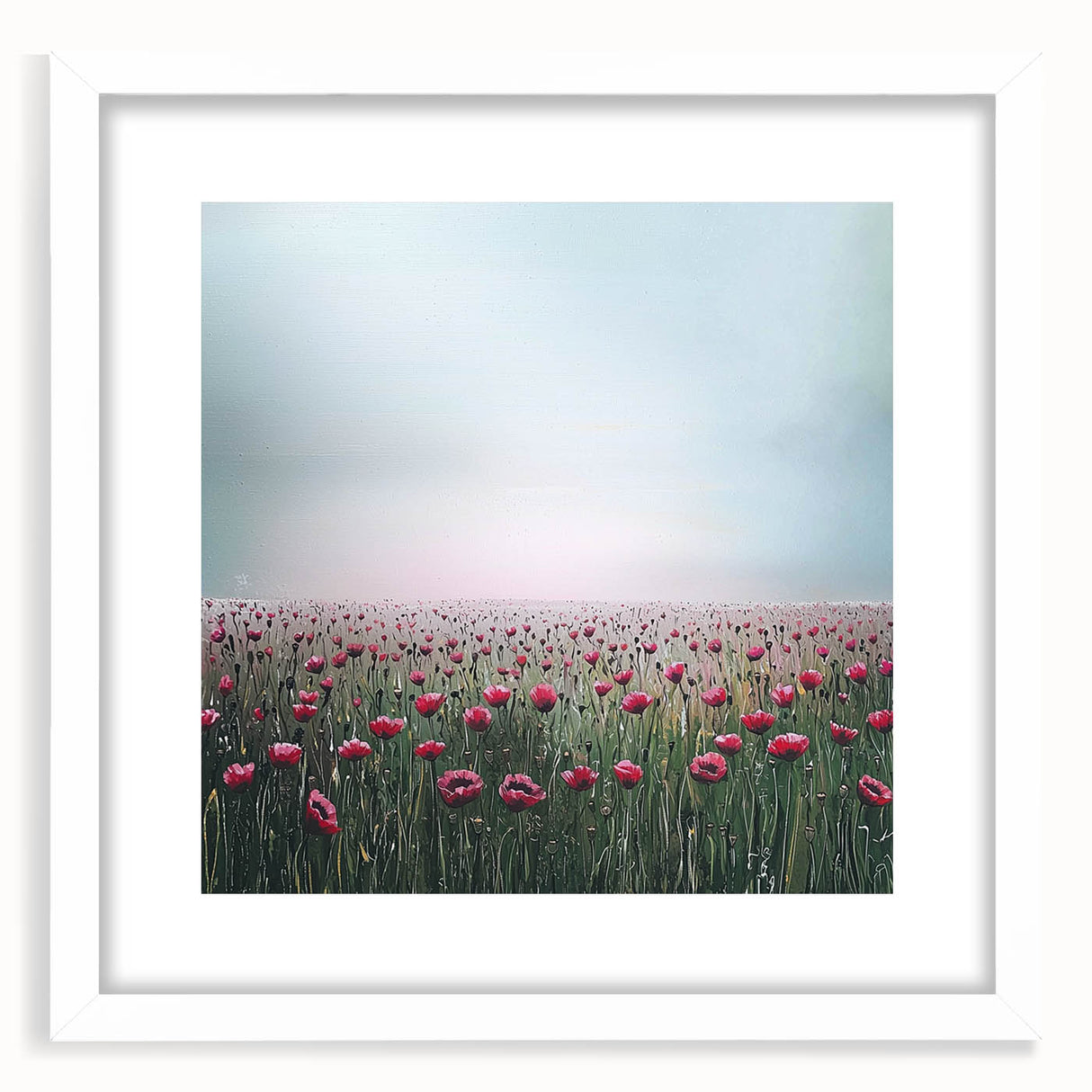 Abstract floral frame artwork with a white mat, showcasing a vibrant arrangement of colorful flowers and leaves, ideal for home decor enhancement.