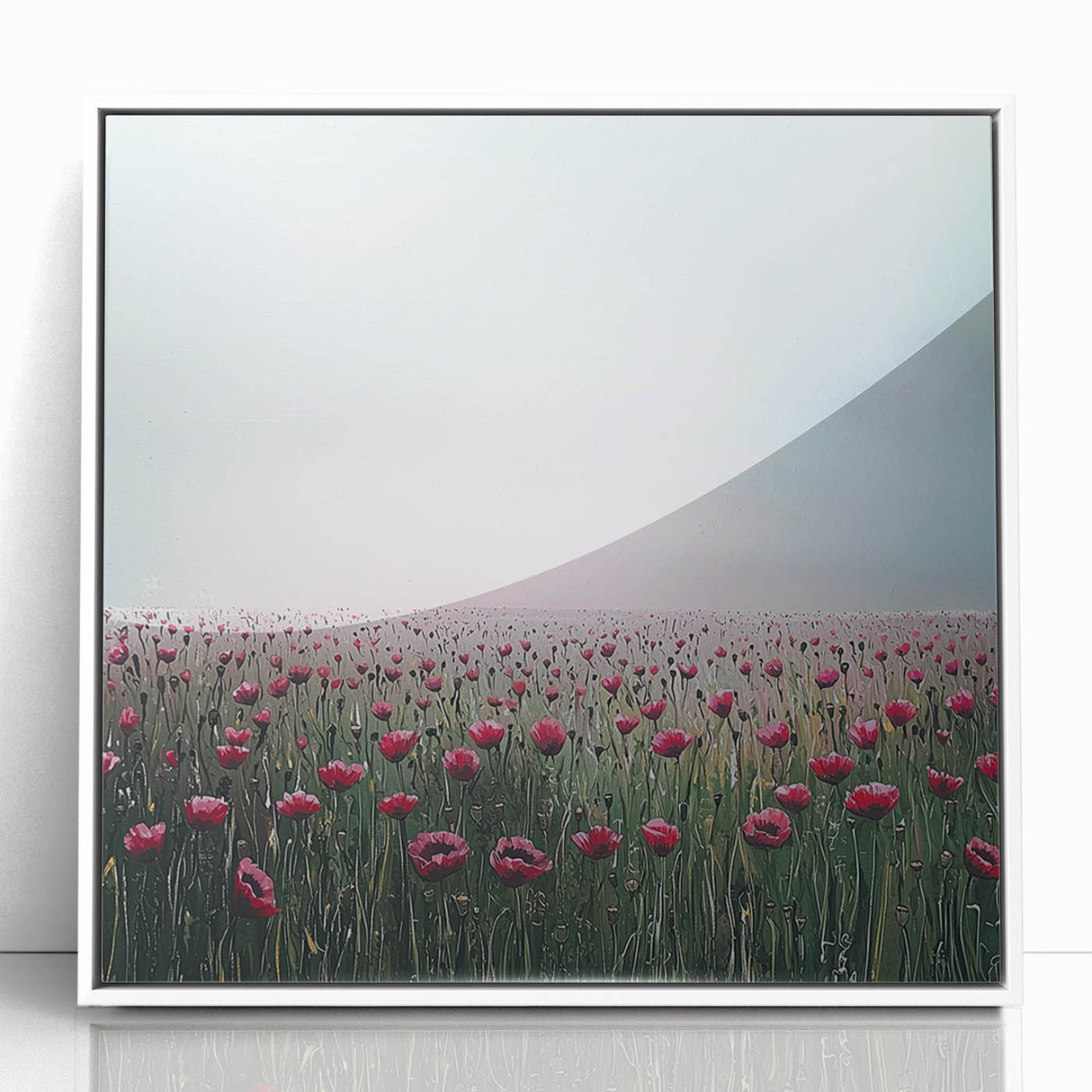Framed acrylic artwork showcasing an abstract floral design in vibrant colors, set against a sleek white background, perfect for modern home decor.