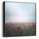 Framed canvas displaying an abstract floral design with vibrant colors, presented in a sleek black frame, ideal for modern home decor and artistic interiors.