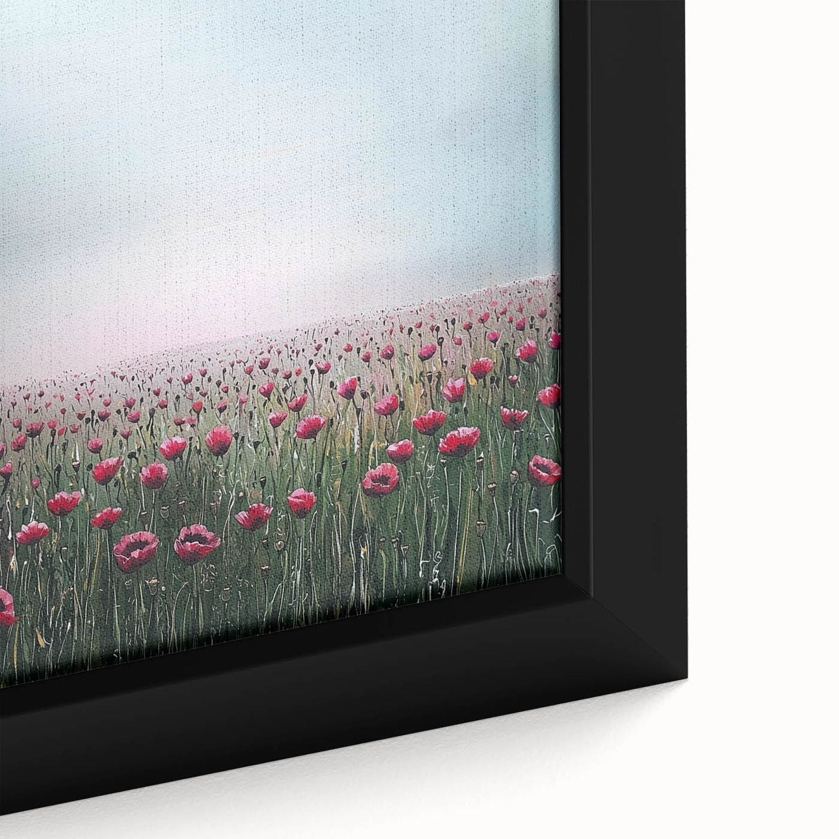 Close-up of a vibrant abstract floral canvas artwork, showcasing intricate brushstrokes in shades of pink, blue, and green, elegantly framed for modern decor.