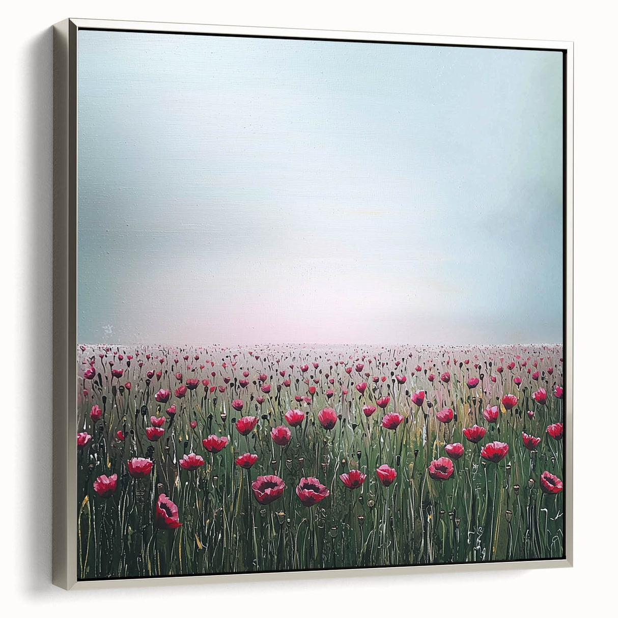 Framed canvas artwork showcasing abstract floral designs in vibrant colors, accented with a sleek silver frame, ideal for modern home decor aesthetics.