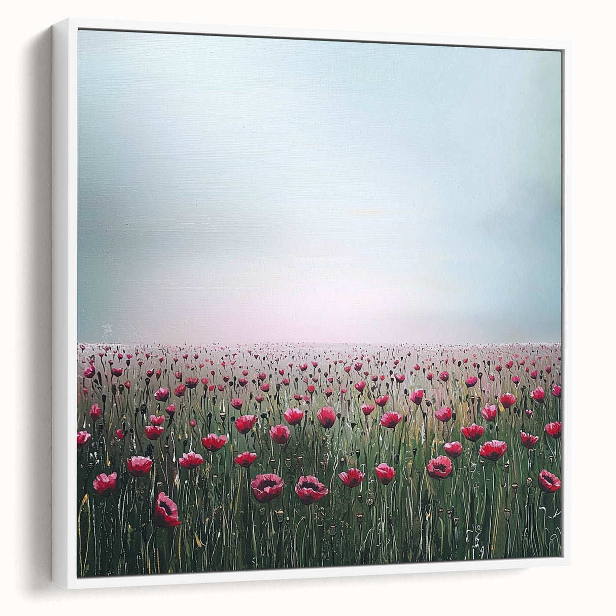 Framed canvas artwork showcasing an abstract floral design in vibrant colors against a white background, ideal for modern home decor and adding artistic flair to living spaces.