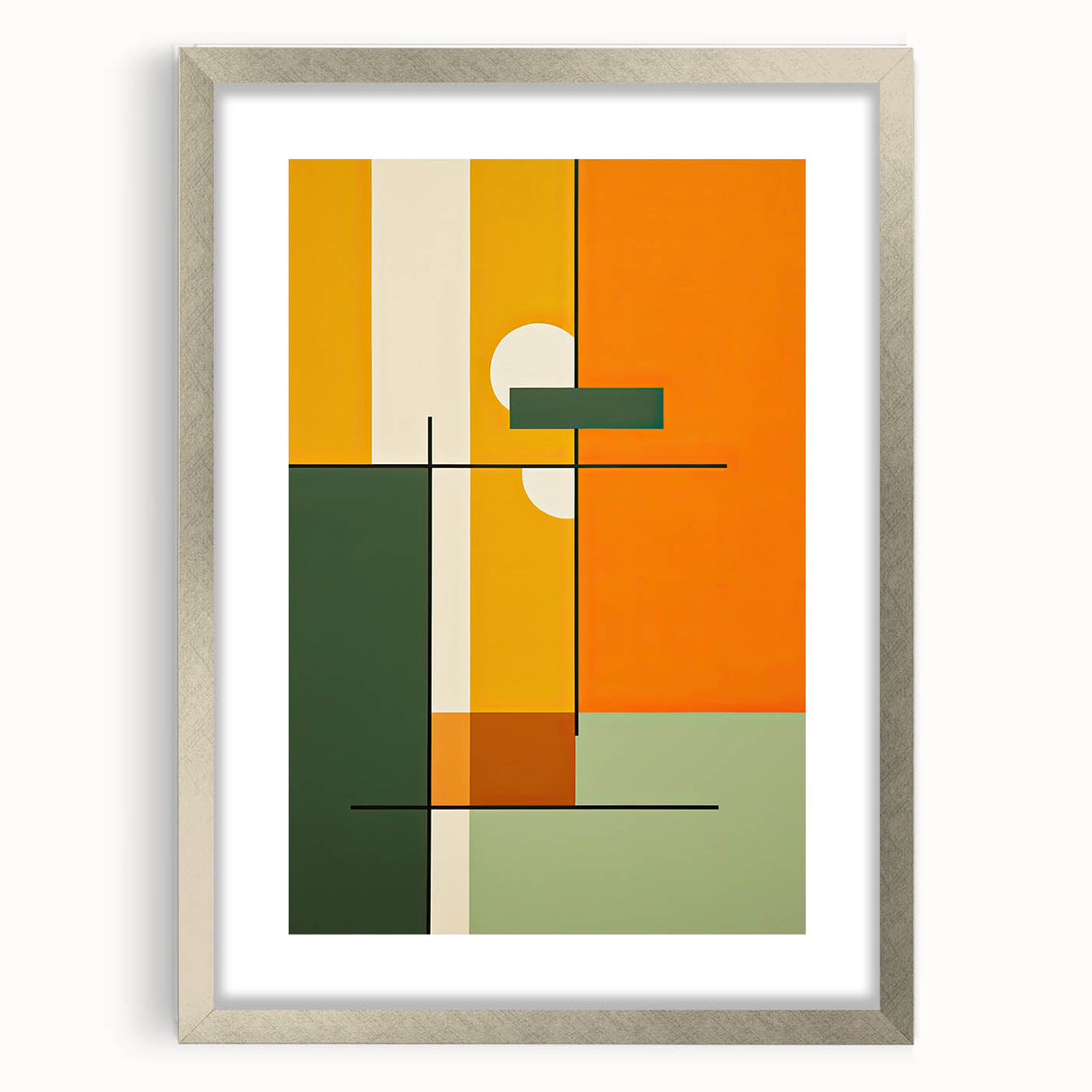 Abstract minimalist wall art framed with a silver mat, showcasing geometric shapes and subtle color gradients, perfect for modern interior decor.
