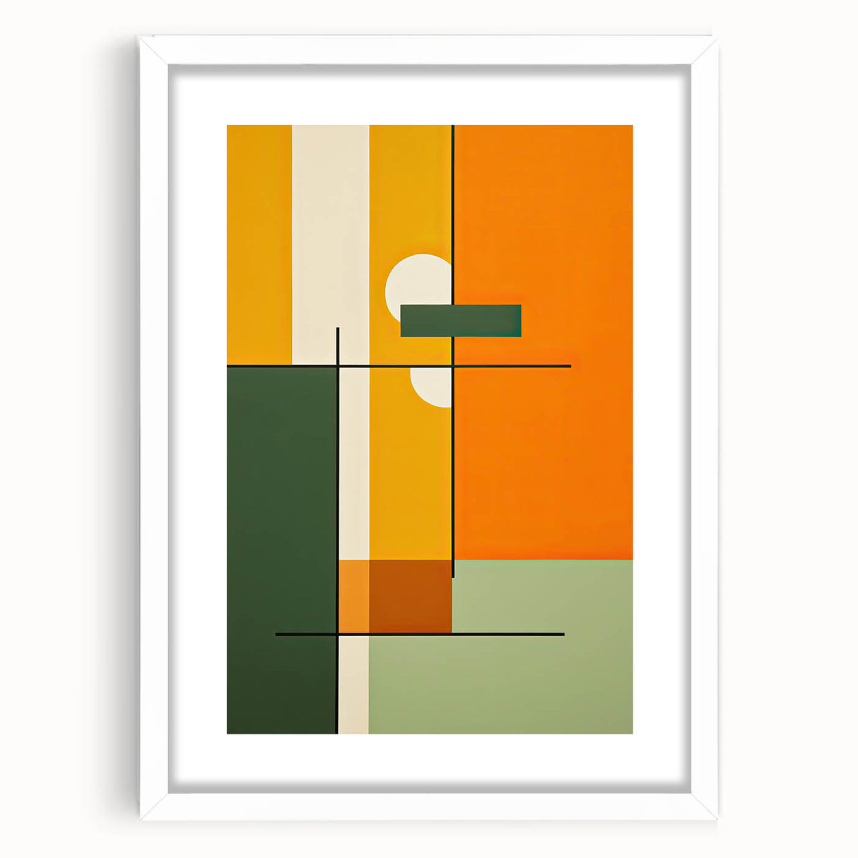Abstract minimalist wall art framed with a white mat, showcasing geometric shapes in muted tones, perfect for modern decor and enhancing interior spaces.
