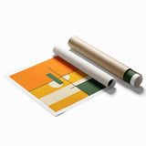 Abstract minimalist wall art print featuring soft pastel colors and geometric shapes, rolled and ready for display in a contemporary living space.