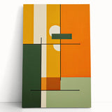 Abstract minimalist wall art displayed on a stretched canvas, featuring soft, muted colors in a geometric design, leaning against a neutral wall for an elegant touch to modern decor.