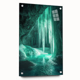 Stunning acrylic landscape artwork showcasing intricate cave formations in vibrant colors, displayed from a side view with elegant pin detailing for a modern touch.